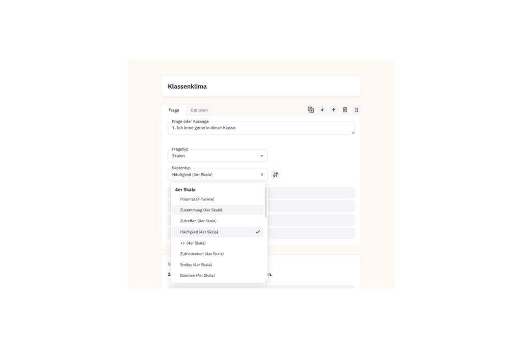 Edkimo-Editor zum Bearbeiten eines Online-Fragebogens und Auswählen einer vierstufigen Antwortskala