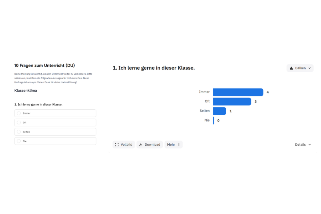 Edkimo-Online-Fragebogen „10 Fragen zum Unterricht“ mit einer Fragen zum Klassenklima und der Auswertung der Ergebnisse.