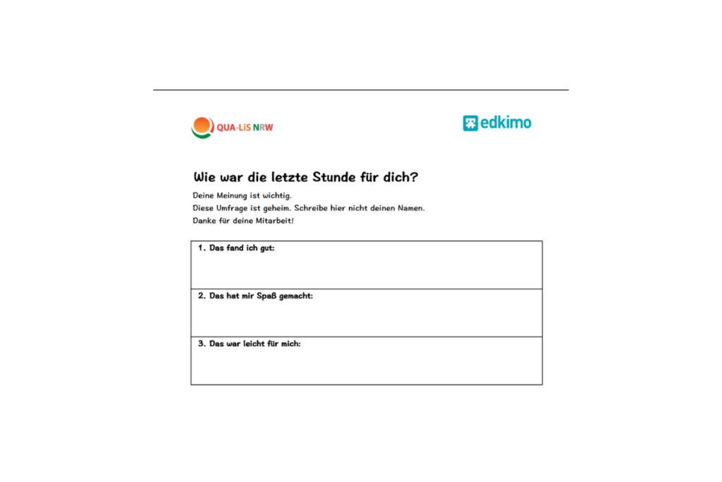 Fragebogen-Portfolio von Edkimo und QUA-LiS NRW mit drei offenen Fragen zur letzten Unterrichtsstunde