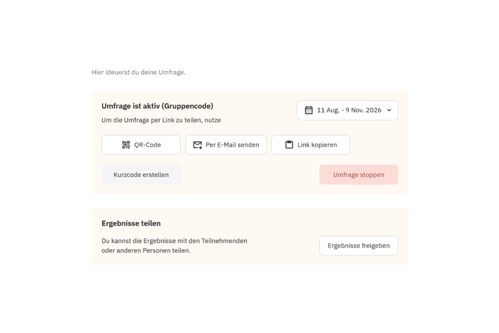 Aktive Edkimo-Umfrage mit Optionen zum Teilen per QR-Code, E-Mail, Link oder Kurzcode