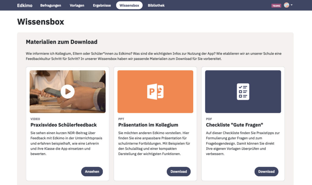 Ueberblick der Wissensbox - Materialien zum Download