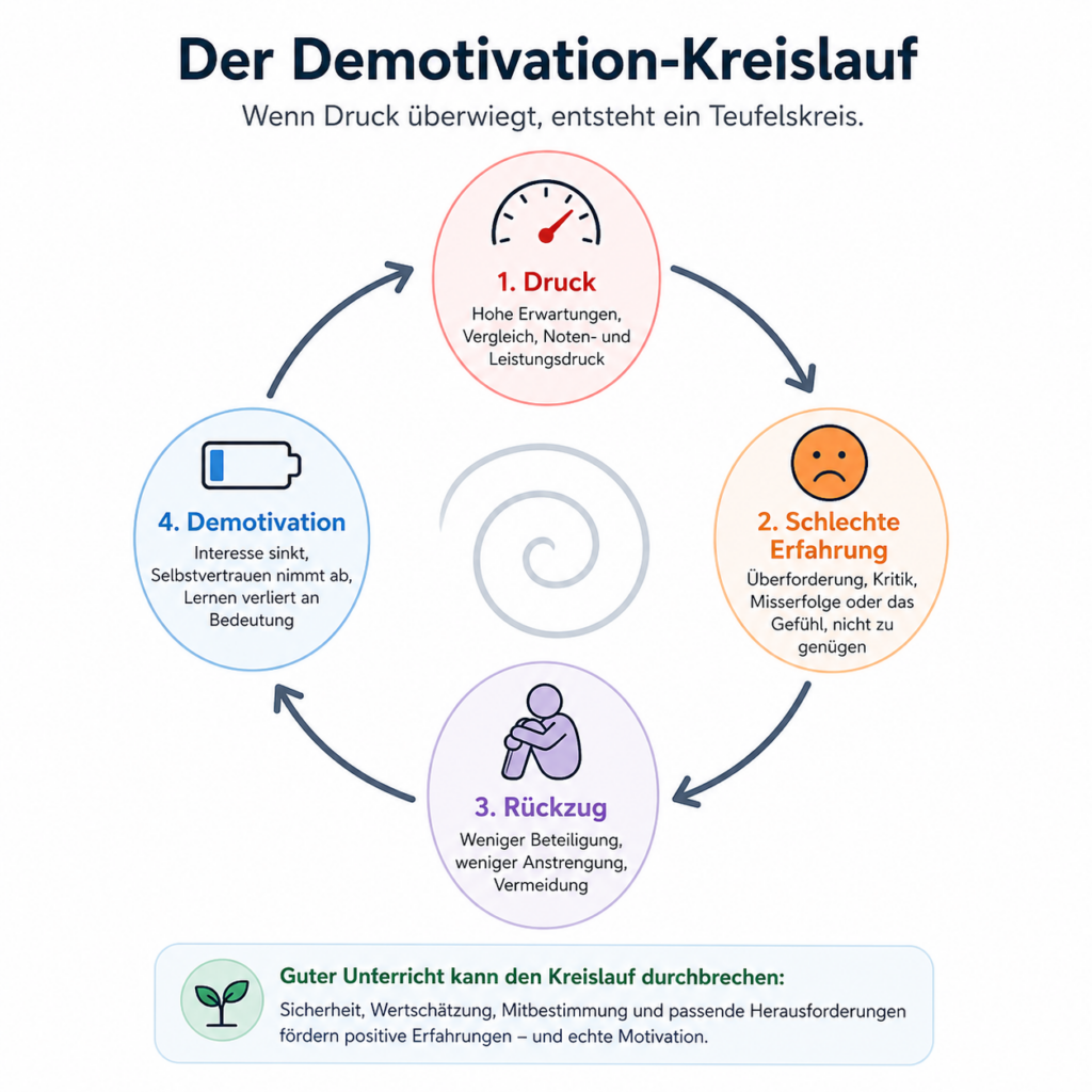 Infografik zum Demotivation-Kreislauf im Unterricht: Druck führt zu schlechten Erfahrungen, Rückzug und Demotivation