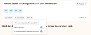 Edkimo Ergebnisansicht einer Freitextfrage mit als Sternchen ausgeblendeten Antworten und deaktivierter Option „In freigegebenen Ergebnissen anzeigen“.