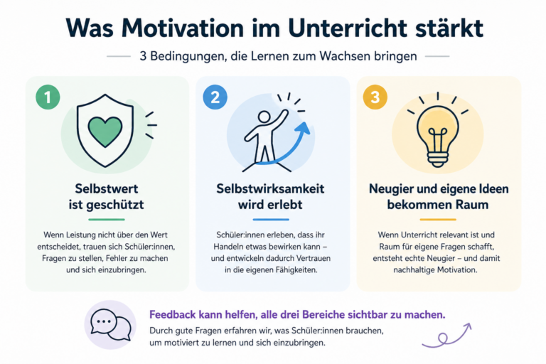 Infografik zu Motivation im Unterricht: Drei Bedingungen für Motivation sind geschützter Selbstwert, Selbstwirksamkeit und Neugier