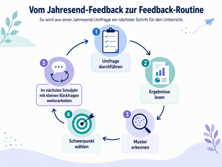 Infografik zu Feedback zum Schuljahresende: Von der Umfrage über die Auswertung bis zur Feedback-Routine im nächsten Schuljahr.