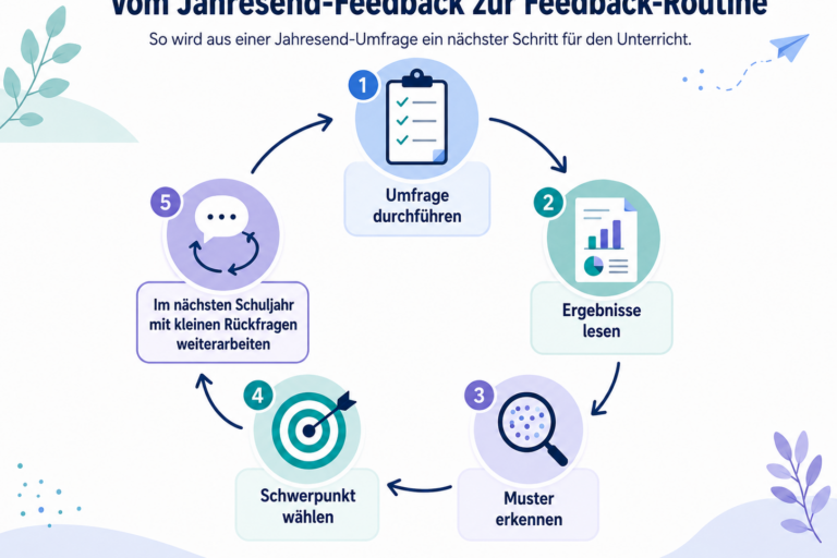 Infografik zu Feedback zum Schuljahresende: Von der Umfrage über die Auswertung bis zur Feedback-Routine im nächsten Schuljahr.