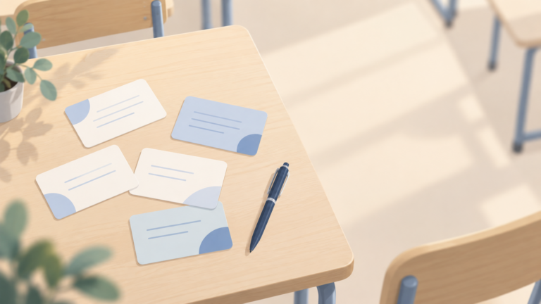 Illustration zu Mobbing in der Klasse: Anonyme Antwortkarten und ein Stift auf einem Klassentisch.