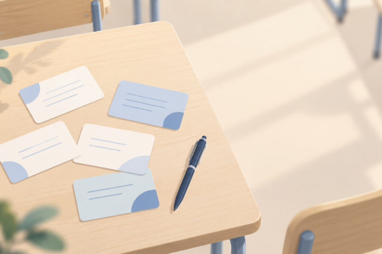 Illustration zu Mobbing in der Klasse: Anonyme Antwortkarten und ein Stift auf einem Klassentisch.